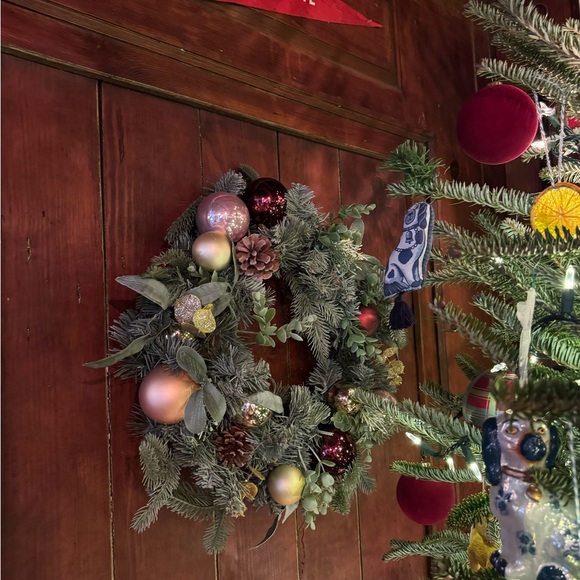 22 inch Artificial Pine Christmas Wreath with Ornaments Gold, Burgundy & Blush - Picture 2 of 6